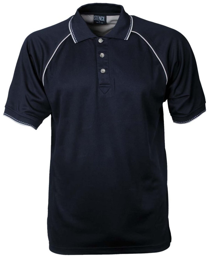 A navy polo shirt with short sleeves and contrasting white piping, featuring a three-button placket and a logo.