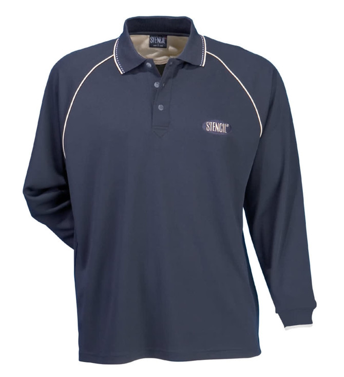 A navy long-sleeve polo shirt with a contrasting collar and a logo on the chest.