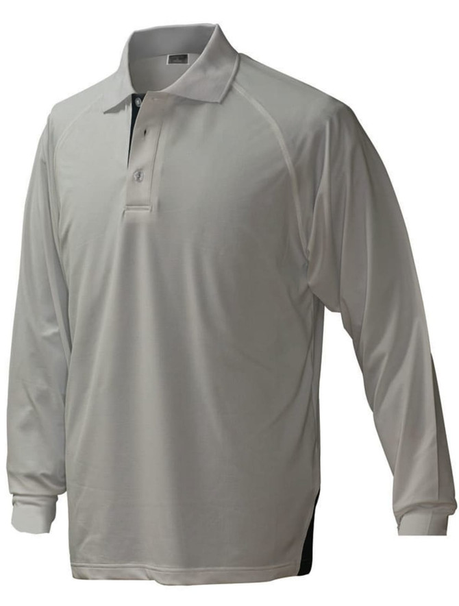 A long-sleeve men's polo shirt in light grey with a subtle logo on the chest.