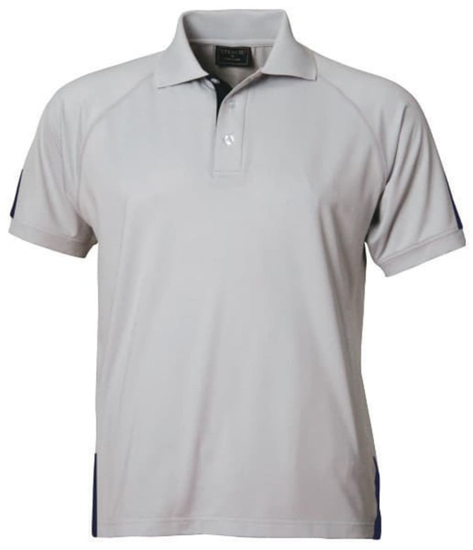A men's polo shirt in grey with navy accents and a logo on the chest.