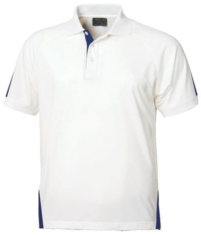 A white men's polo shirt with navy accents and a logo on the chest.