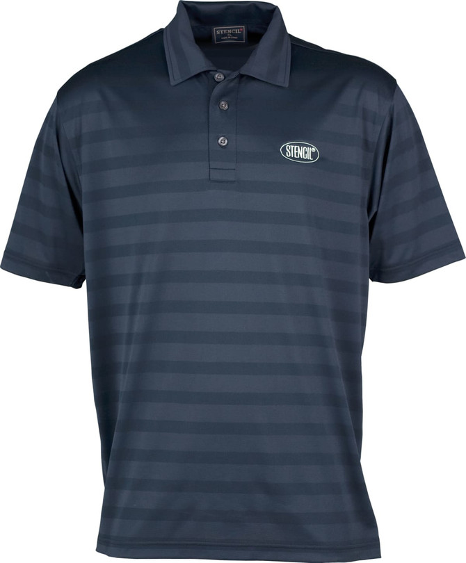 A men's polo shirt in dark navy with striped patterns and a small logo on the chest.