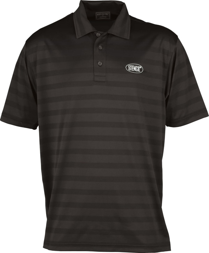 A black striped polo shirt with a logo on the chest, featuring a classic collar and short sleeves.