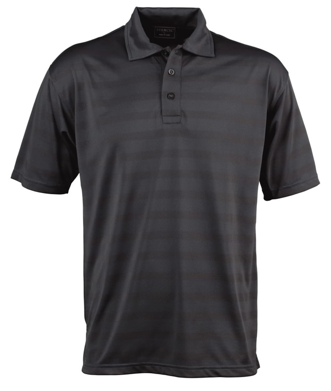 A black striped polo shirt with a collar and three buttons, featuring a logo on the upper left side.