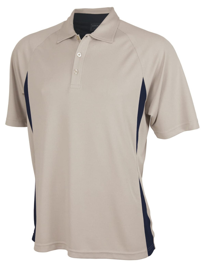 A beige and navy polo shirt with a collar and short sleeves, featuring a logo on the chest.