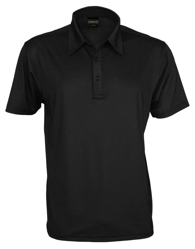 A black polo shirt with a striped pattern and a collar, featuring button closure and a logo on the chest.