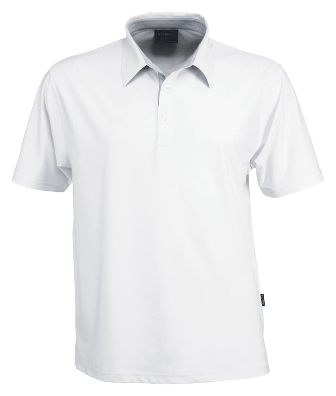 A white polo shirt featuring a classic collar and a brand label on the side.