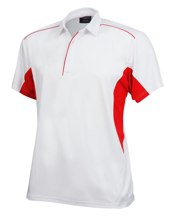A white and red men's polo shirt featuring a collar and short sleeves. It has a logo on the chest.