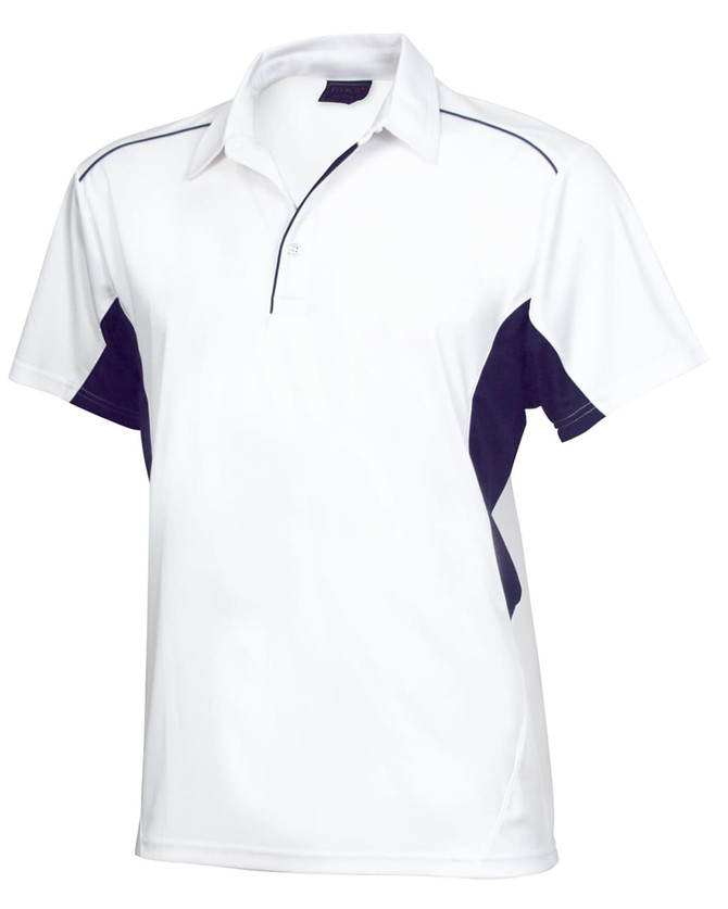 A white and navy blue polo shirt featuring a collar and side panel detailing. Includes a logo on the chest.