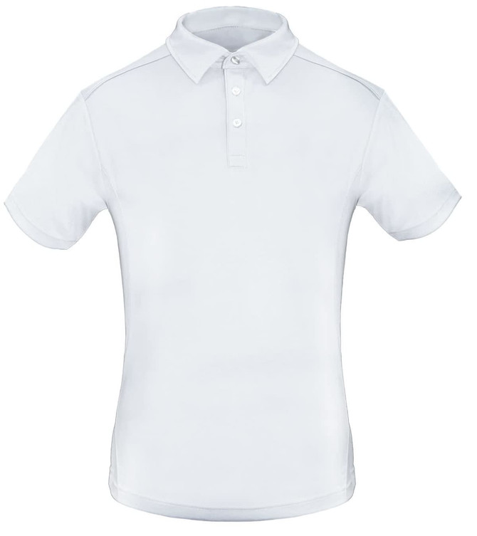 A white polo shirt featuring a collar and short sleeves, with a logo on the chest.