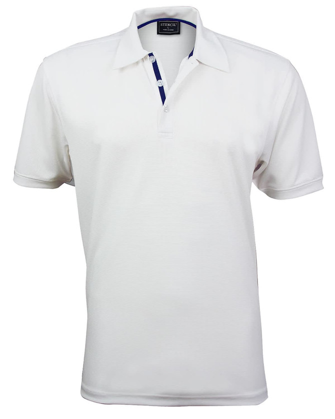 A white polo shirt featuring a collar and a branded logo on the neck area.