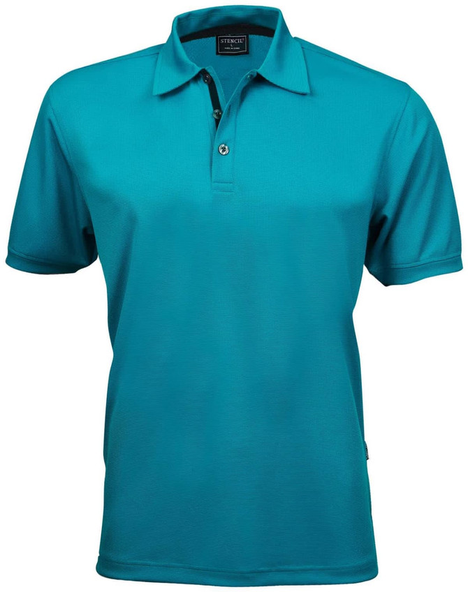 A teal men's polo shirt with a collar, featuring a logo on the chest. Suitable for casual wear.