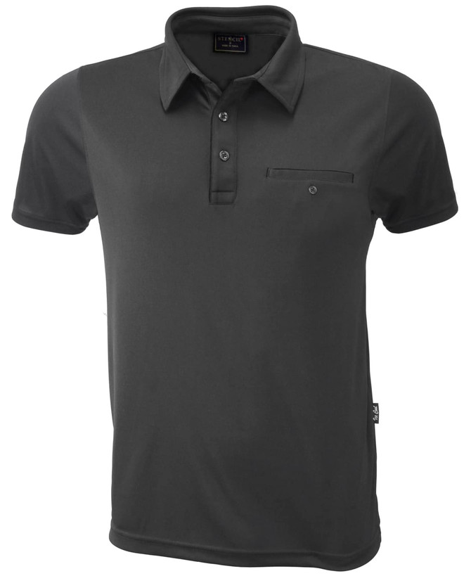 A black polo shirt featuring a collar, short sleeves, and a single chest pocket. Includes a logo on the label.