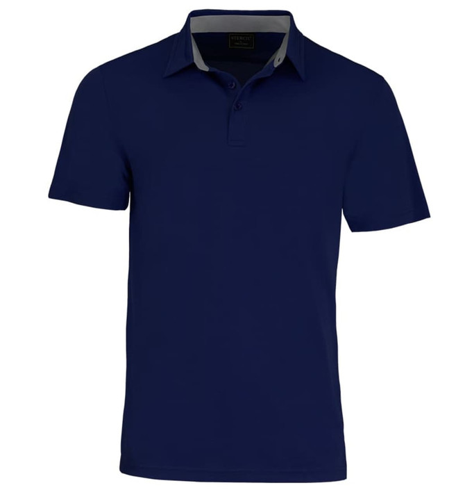 A navy blue men's polo shirt featuring a collar and short sleeves, with a logo on the chest.