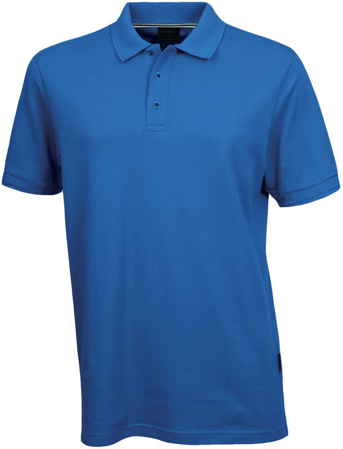 A blue men's polo shirt with a classic collar and a logo on the side.
