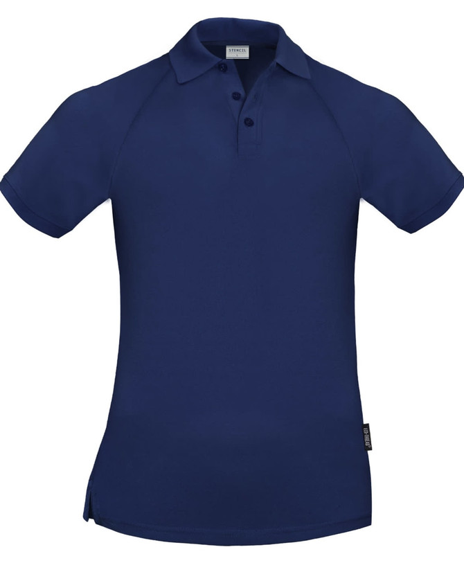 A navy blue men's polo shirt with a collared neckline and short sleeves, featuring a logo.
