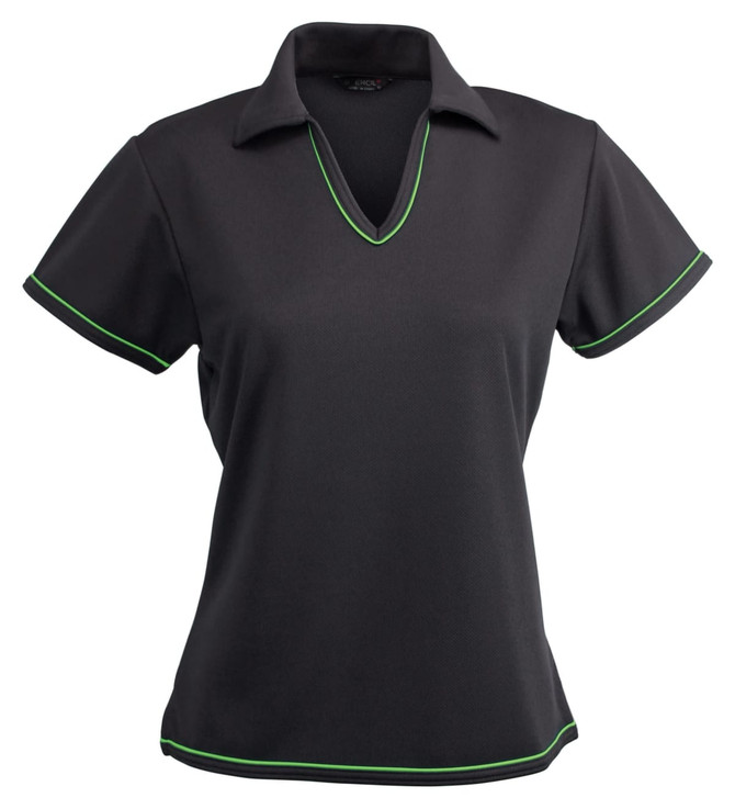A black polo shirt for ladies with green trim and a v-neck design. It has a collar and short sleeves.