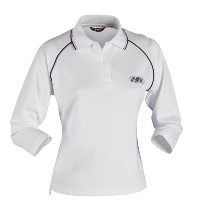 A white long-sleeve polo shirt for ladies with contrasting trim and a logo on the chest.