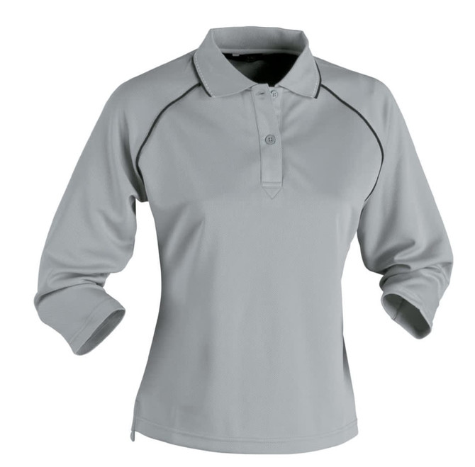 A light grey ladies' long-sleeve polo shirt with a collar and rolled sleeves, featuring a logo.