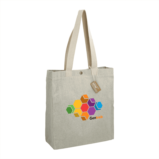 A recycled cotton tote bag in natural colour with a geometric design and logo, featuring long handles and a snap closure.
