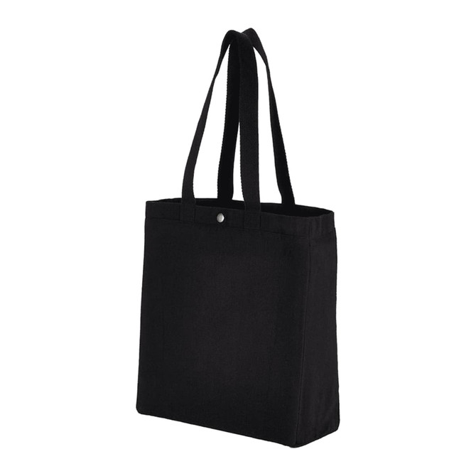 A black recycled cotton tote bag with two handles and a snap closure, featuring a brand logo.