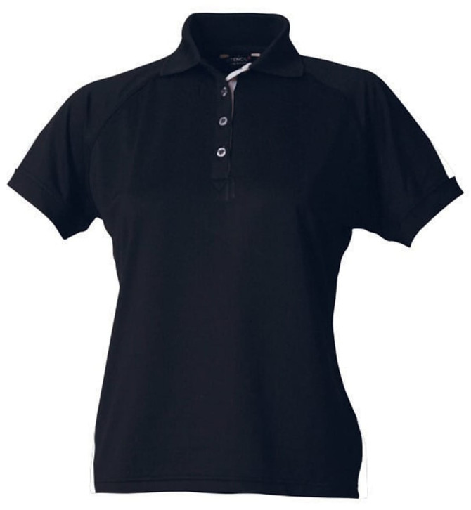 A black ladies' polo shirt featuring a collar and short sleeves, designed with a logo.