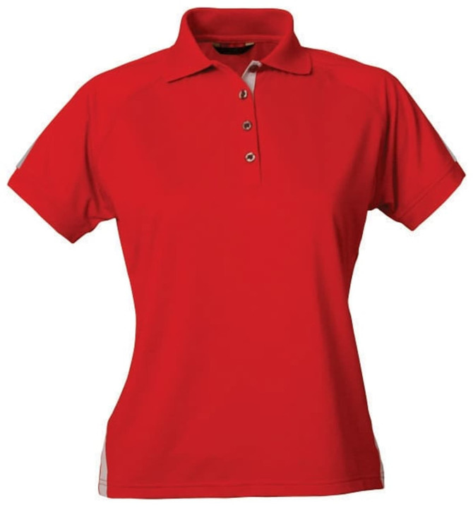 A red ladies' polo shirt featuring a collar, buttons, and contrasting details on the sides. It has a logo.