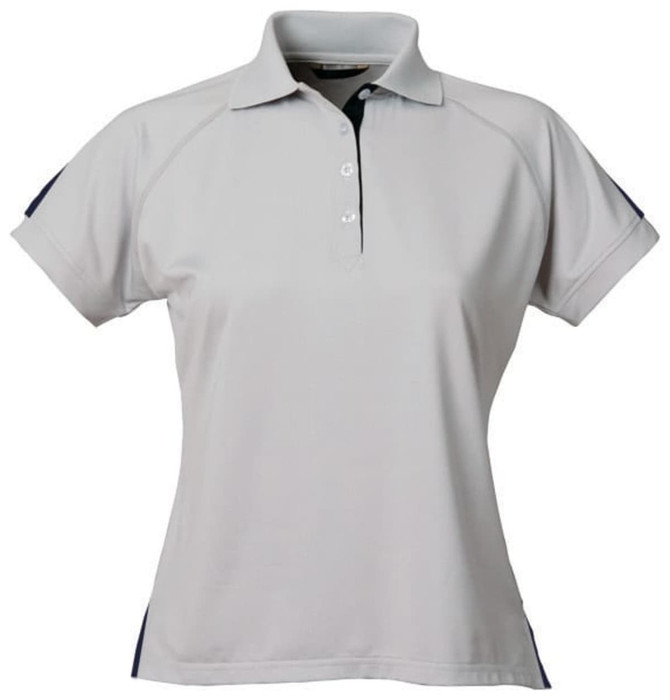 A light grey ladies' polo shirt with a collared neckline and a branding logo on the sleeve.