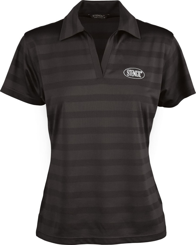 A black ladies' polo shirt featuring horizontal stripes and a logo.