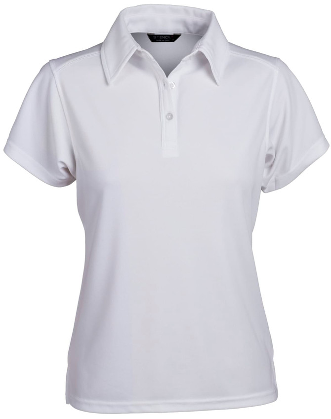 A white polo shirt with a collar and short sleeves, featuring a logo on the upper part.