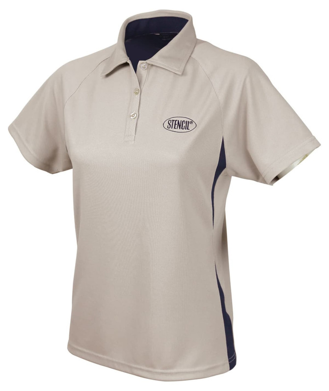 A beige and navy women's polo shirt featuring a logo on the chest and a classic collar design.