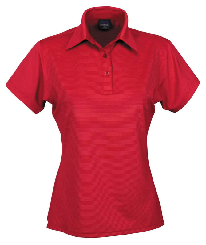 A red ladies' polo shirt with a collar and a button placket, featuring a logo on the chest.