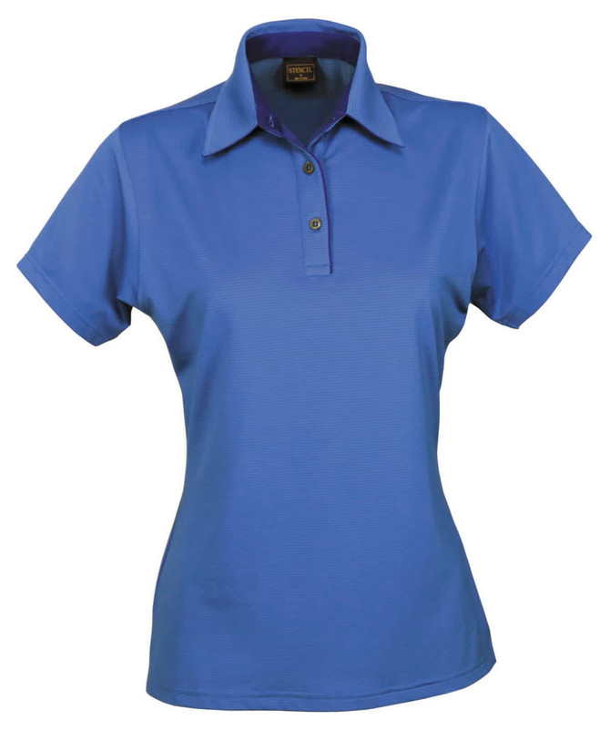 A blue ladies' polo shirt with a collar, featuring buttons and a subtle texture. It has a small logo.