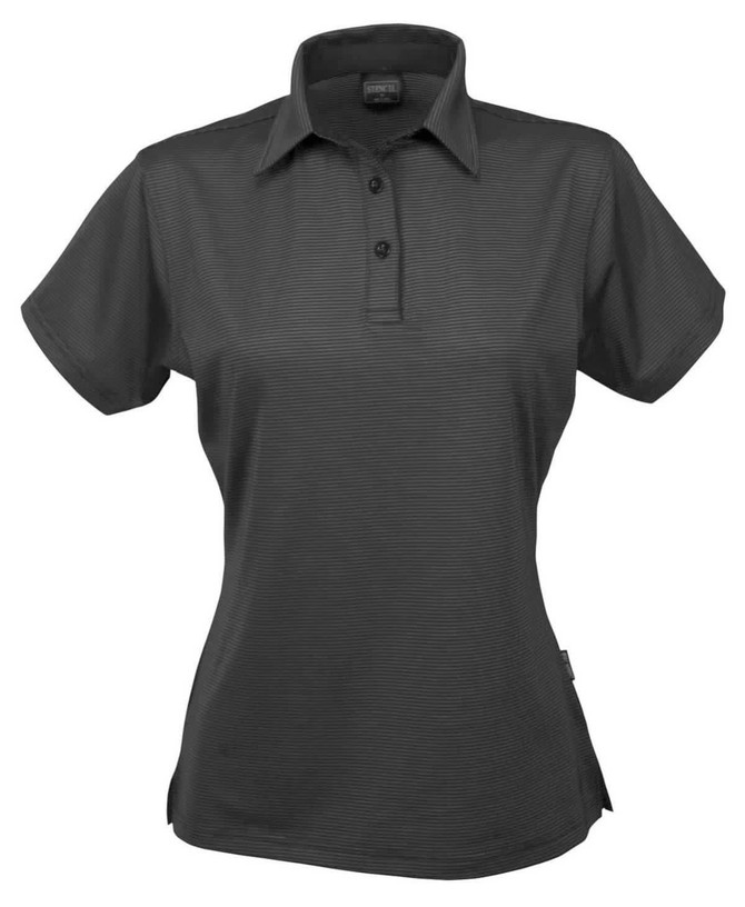 A ladies' polo shirt in black with a collared neckline and three buttons. Features a subtle texture and a logo.