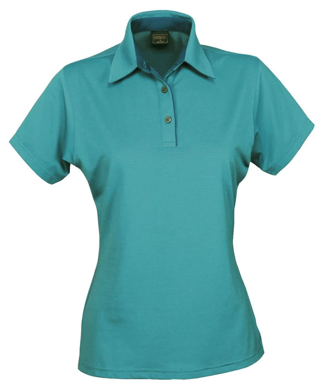 A ladies' polo shirt in a vibrant teal colour with a collared neckline and three buttons. Features a logo.