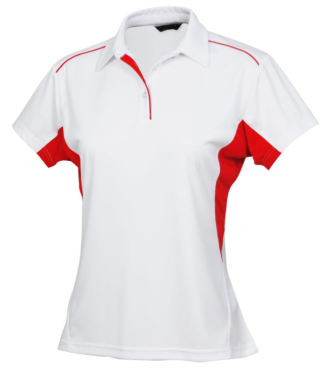 A white polo shirt with red accents, featuring a collar and buttons, and a logo on the chest.
