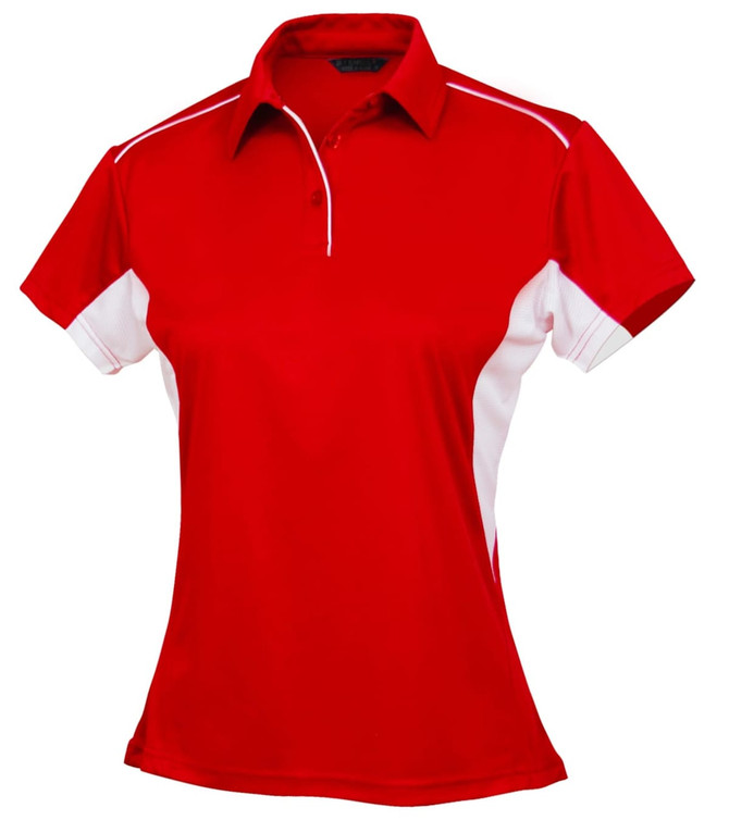 A red and white ladies' polo shirt with a collared neck and short sleeves, featuring a logo.