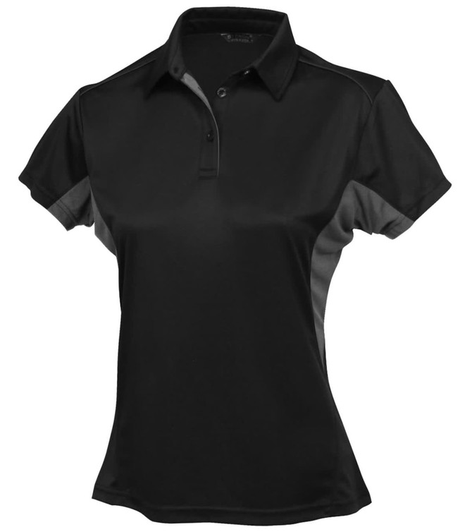 A black polo shirt for ladies featuring grey accents and a logo on the chest area. Short-sleeved design.