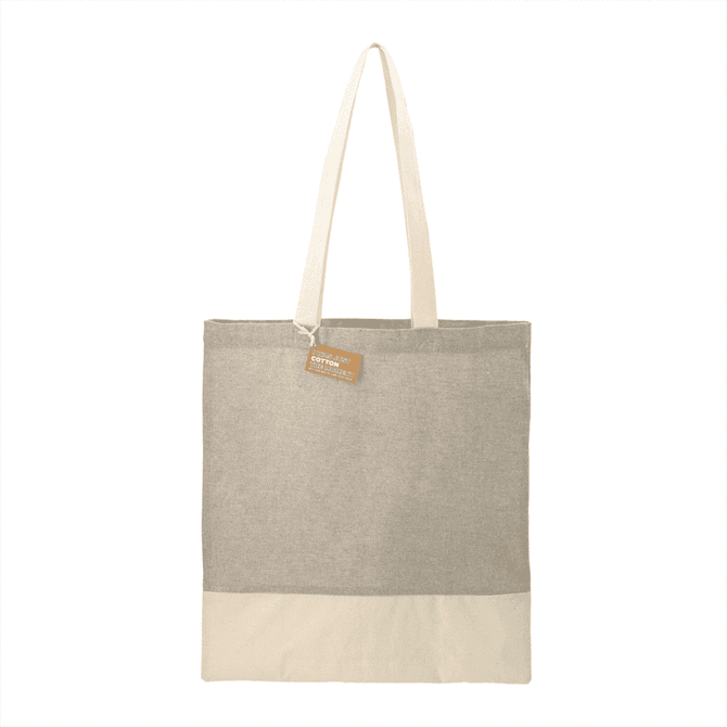 A grey and cream recycled cotton twill tote bag with long handles and a branding tag.