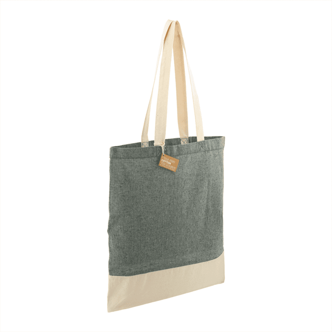A green and cream tote bag made from recycled cotton twill, featuring long handles and a tag.