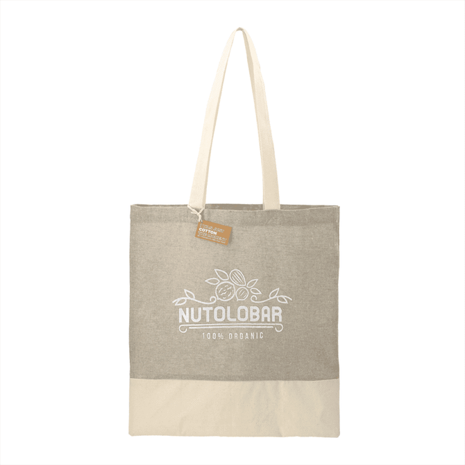 A grey and beige tote bag made of recycled cotton with shoulder straps and a logo.