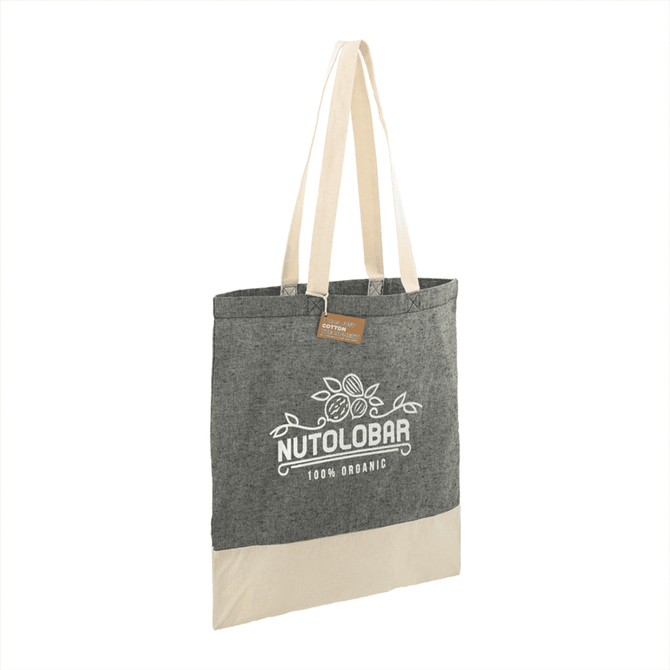 A grey and cream tote bag with long handles and a logo on the front. Made from recycled cotton twill.