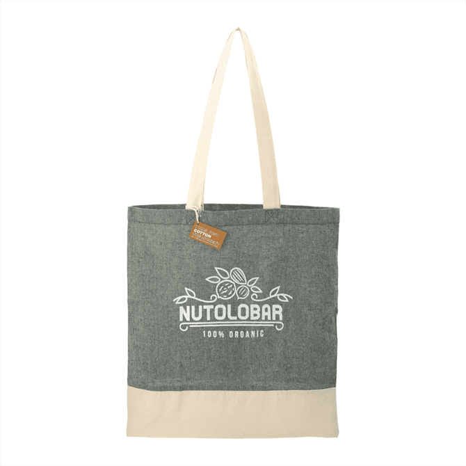 A recycled cotton twill tote bag in grey with a cream bottom and a logo on the front.