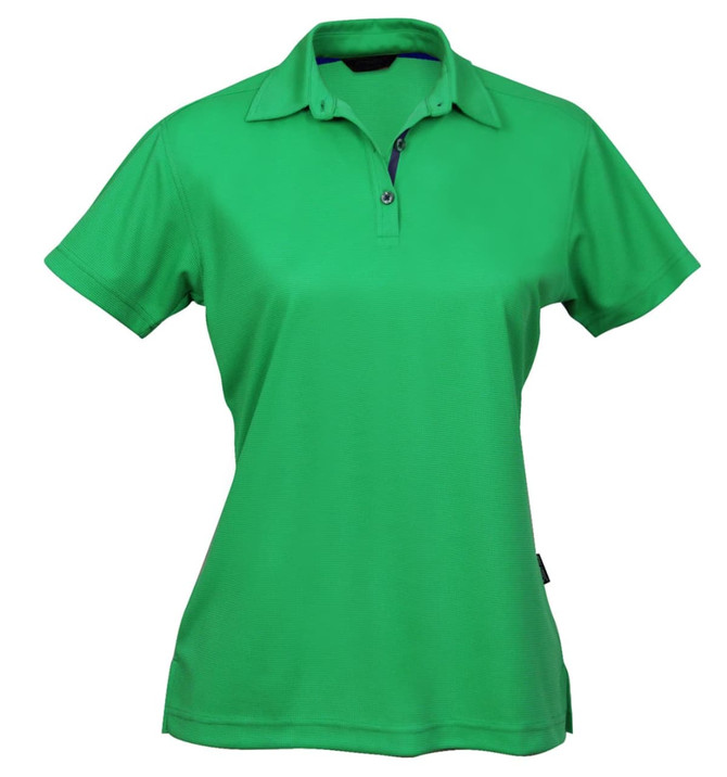 A green ladies' polo shirt with a classic collar and a branded logo.