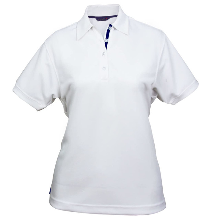 A white ladies' polo shirt with a collar and short sleeves, featuring a logo on the side.