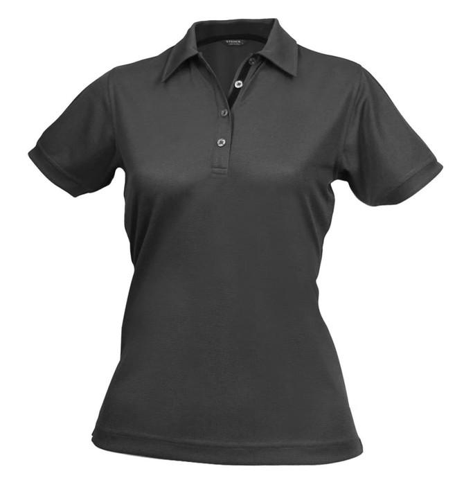 A dark grey women's polo shirt with a collar and three buttons, featuring a logo.