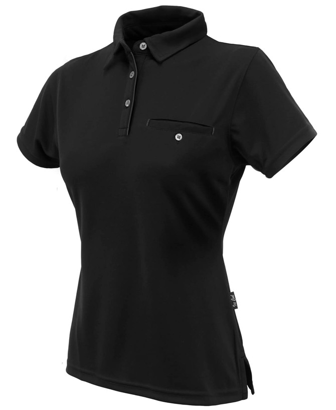 A black ladies' polo shirt with a collar, featuring a small chest pocket and a brand logo.