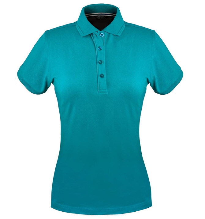 A teal polo shirt for women featuring a collared neckline and four-button placket. The shirt has a logo on it.