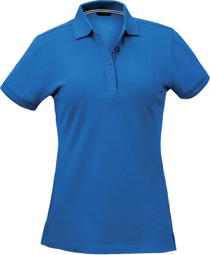 A blue ladies' polo shirt with a collared neckline and three-button placket, featuring a logo on the chest.