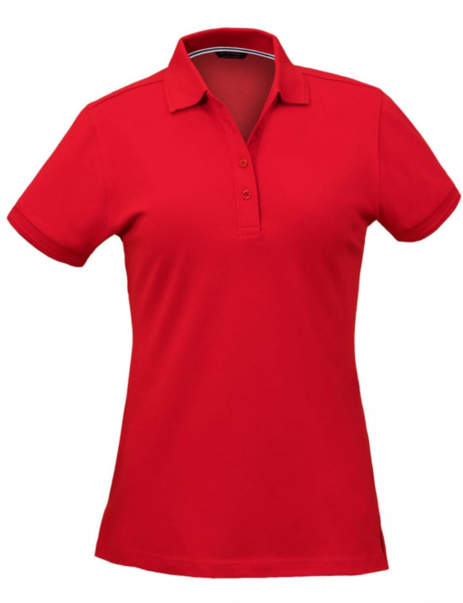A red ladies' polo shirt featuring a collar and buttons, with a logo on the chest.